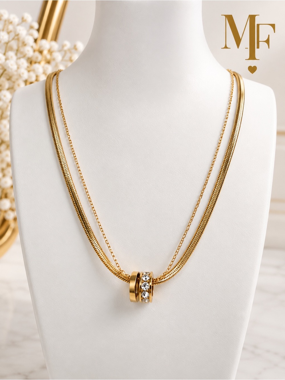 Gold-Tone Triple Chain Pendant Necklace with Crystal Accents